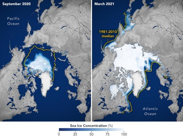 2020-2021年海冰的最高点和最低点极地冰的下降趋势仍在继续